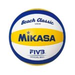 Mikasa Beach Volleyball Ball – size 5 professional beach volleyball in yellow and blue, soft-touch PU material, lightweight and durable.