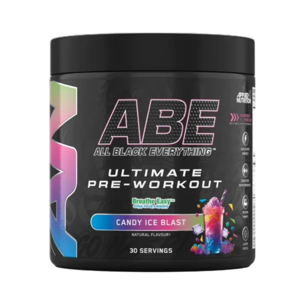 Applied Nutrition ABE All Black Everything Pre-Workout powder – Candy Ice Blast flavor – energy and endurance supplement with creatine, beta-alanine, caffeine, and citrulline for enhanced performance and focus.