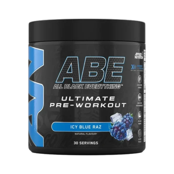Applied Nutrition ABE All Black Everything Pre-Workout – Icy Blue Raz flavor powder supplement for energy, focus, and endurance – creatine, beta-alanine, caffeine & citrulline blend.