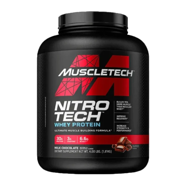 MuscleTech Nitro-Tech Whey Protein Milk Chocolate flavor – 4 lbs – whey isolate and peptides blend with creatine for muscle growth, strength, and fast recovery.