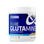 USN Pure L-Glutamine supplement container – 5g micronized glutamine powder for muscle recovery, stamina, and strength – sports nutrition product.